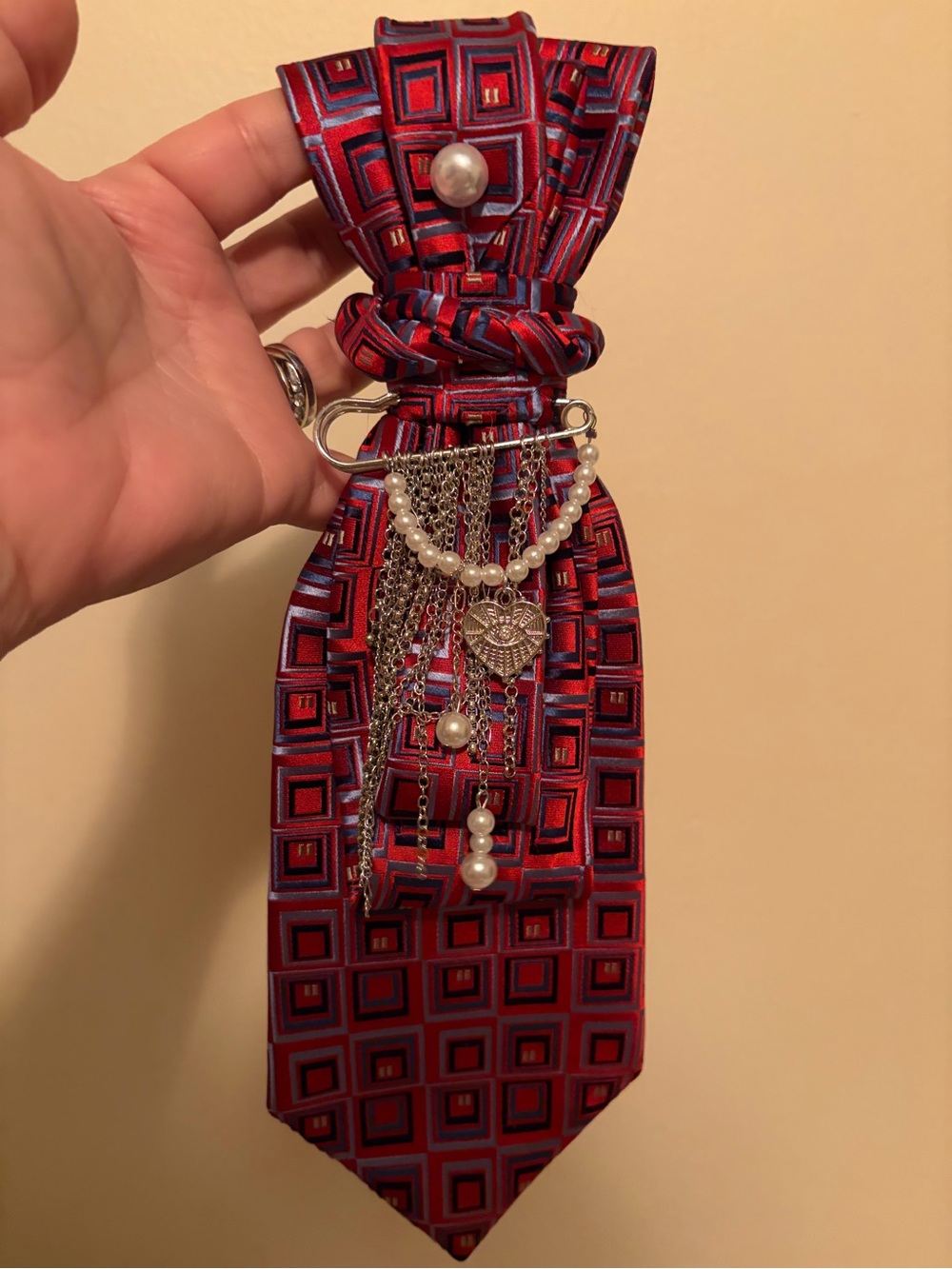 Stafford Red & Blue Geometric Pattern Necktie Scarf with Pearl Charm
